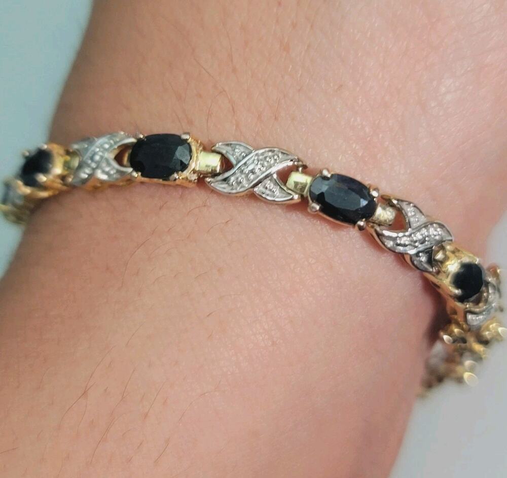 Ross Simons JJT Gold Over Silver Sapphire Diamond Tennis Bracelet 7.5"